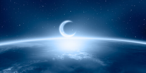 Naklejka na ściany i meble Planet Earth with crescent moon at spectacular sunset 