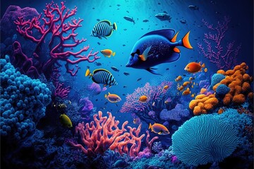 Naklejka na ściany i meble Deep water fish and coral Generative AI
