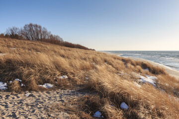 seashore with sandy beach in spring with melted snow
