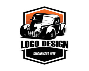 1940s Dodge Pickup logo vector illustration isolated on white background showing side view at dusk. Best for badge, emblem, icon, sticker design, trucking industry. available in eps 10.