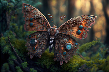 Sci-fi steampunk butterfly in a green forest, Generative AI