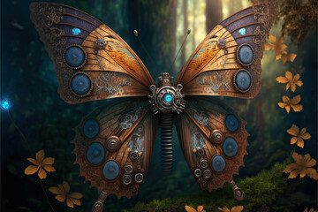 Magical steampunk butterfly in a fantasy forest, Generative AI