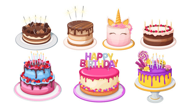 Birthday cake set vector illustration. Cartoon isolated delicious pastry shop and confectionery menu collection of different cakes with chocolate icing and cream, candles and sparklers decoration