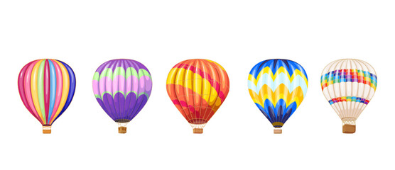 Hot Air Balloon set vector illustration. Cartoon isolated Turkish airship collection with creative colorful parachutes and baskets for national sport and fun event for tourists in Cappadocia, Turkey