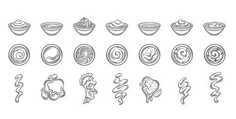 Sauces outline icons set vector illustration. Line hand drawing variety sauces for restaurant menu in bowls and cups, wave and strip splashes and drops of BBQ ketchup mustard mayonnaise wasabi chili