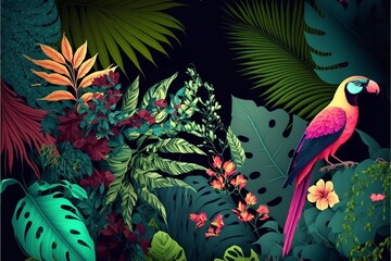tropical pattern with jungle vegetation and exotic fauna in bright colors.