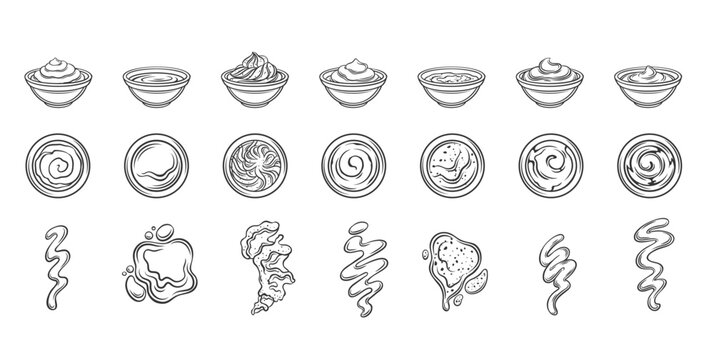 Sauces outline icons set vector illustration. Line hand drawing variety sauces for restaurant menu in bowls and cups, wave and strip splashes and drops of BBQ ketchup mustard mayonnaise wasabi chili