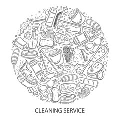 Cleaning service, design template with line icons in circle vector illustration. Hand drawn outline tools, detergent and equipment to clean house in frame of round shape and Cleaning service text