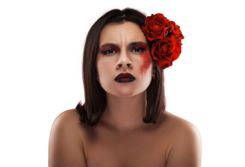 Beautiful brunette woman. evening make-up with roses  isolated on the white