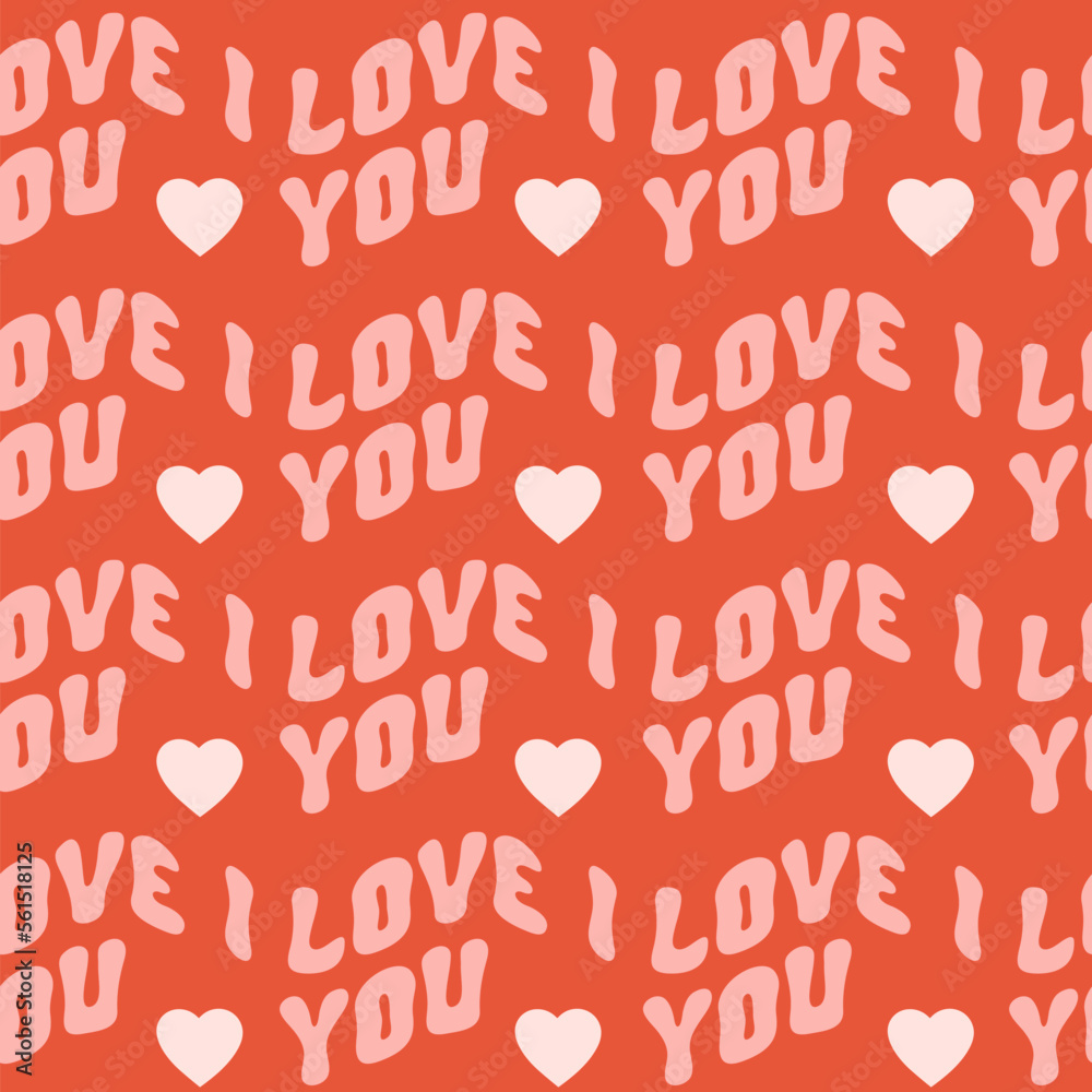 Poster romantic seamless pattern with wavy horizontal text i love you on a red background. retro vintage pr