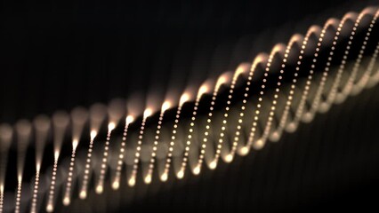 Abstract loop mesh glowing neon gold dots particles digital luxurious sparkling wave animation flow on black background for science technology background.