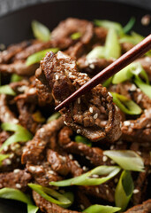 Korean beef Bulgogi BBQ with sesame seeds and spring onion.