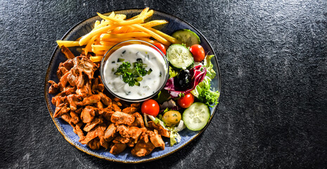 Kebab served with french fries, vegetable salad and tzatziki