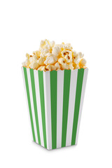 Green white striped carton bucket with tasty cheese popcorn, isolated on transparent background, PNG. Fast food, movies, cinema and entertainment concept.