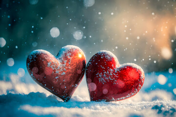 Fototapeta premium Hearts in snow. Valentine's day. Illustration. Generative AI