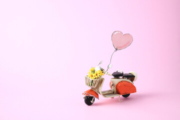 Saint Valentine card, vintage scooter with hert balloon