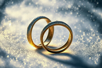 Obraz na płótnie Canvas Wedding rings, in the snow, Forever. Valentine's day. Generative AI