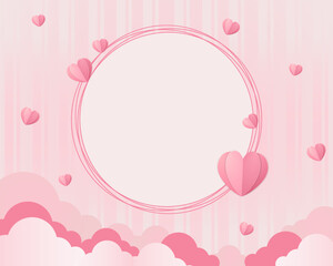 Soft pink template for Valentine s Day with a place for greetings, hearts and clouds