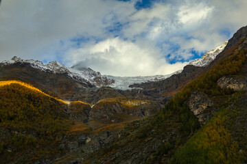 View of snow alp mountain landscape in autumn nature at swiss from the train