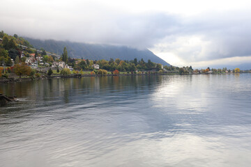 Fototapeta premium Montreux ,Switzerland-October 23,2019:The nature cityscape and lake view on Lake Geneva in Montreux at switzerland