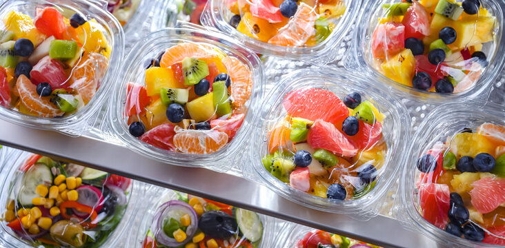 Boxes with pre-packaged fruit salads in a commercial fridge
