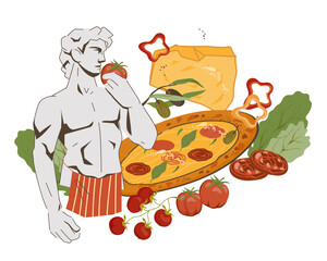 Pizza banner or poster with Italian food and Michelangelo's David statue, flat vector illustration isolated. Pizza restaurant and Italian cuisine advertising banner or card for menu and flyers.