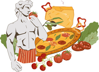 Pizza banner or poster with Italian food and Michelangelo's David statue. Pizza restaurant and Italian cuisine advertising banner or card for menu and flyers.