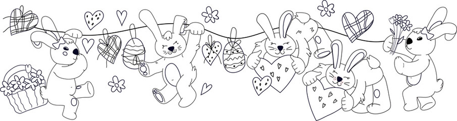 Kids coloring book page design with cute Easter bunnies or rabbits and easter egg for coloring book design, hand drawn doodle kawaii style.