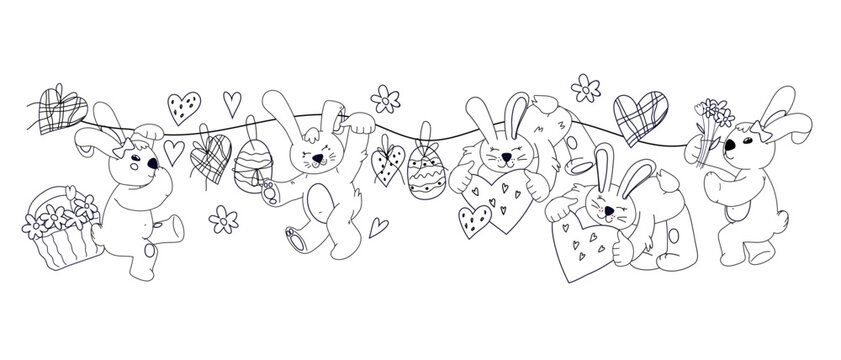 Kids coloring book page design with cute Easter bunnies or rabbits and easter egg for coloring book design, hand drawn doodle kawaii style, vector illustration isolated on white background.