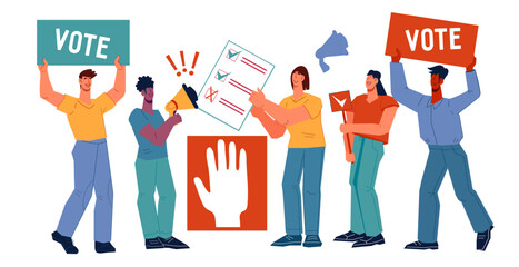 People take part in democratic voting. Human rights and democracy, elections and social equality concept, flat vector illustration isolated on white background.