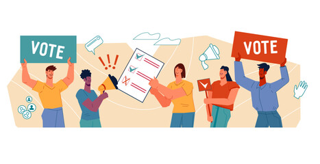 Democratic vote and elections banner. Human rights, elections and social equality concept, flat vector illustration isolated on white background. Societal demands in politics and economics.