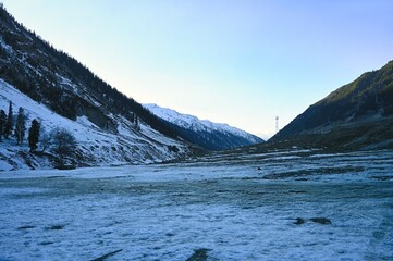 HDR Image of Snow filled series of mountains at sonmarg's mini zero point