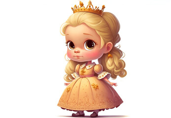 Cute princess with golden crown and blond hair with shadow on white background.Fairytale cartoon character girl princess.AI generated.