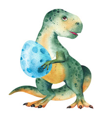 Watercolor tyrannosaurus. Big green dinosaur with an egg