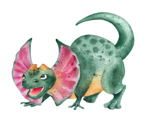 Watercolor Dilophosaurus. Aggressive reptile in an attacking stance