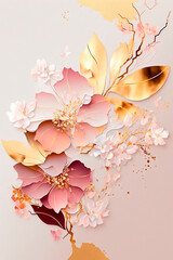 Spring wallpaper with sakura blossom. Abstract design for prints, postcards with golden elements. AI
