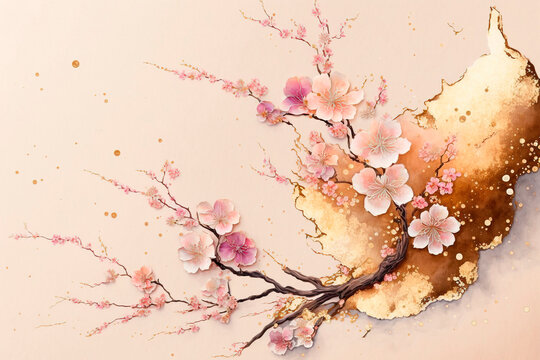 Spring wallpaper with sakura blossom. Abstract design for prints, postcards with golden elements. AI
