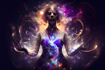 Ethereal woman embodies sound healing therapy and yoga meditation; vibrant cosmic energy flows, illustrating spiritual depth and mystical vibrations. Ideal for holistic healing. generative ai