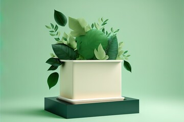Product display podium with nature leaves on green background. Generative AI