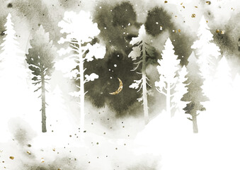 Watercolor vector foggy landscape with coniferous forest, moon in gray and golden colors. Vector silhouette of trees. Nature winter illustration with splashes. Collage with watercolor texture - obrazy, fototapety, plakaty