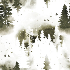 Watercolor stylish seamless pattern with coniferous forest in black and white colors under night sky. Vector silhouette of trees. Nature design for page fill, wrapping paper, web, textile print