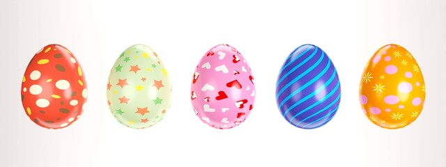 Happy Easter, set of Easter eggs with different textures on white background, spring holiday. 3d illustration
