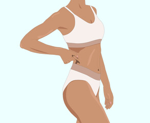 illustration.Girl pulls the skin on the abdomen, showing the body fat. Treatment and disposal of excess weight, the deposition of subcutaneous fat