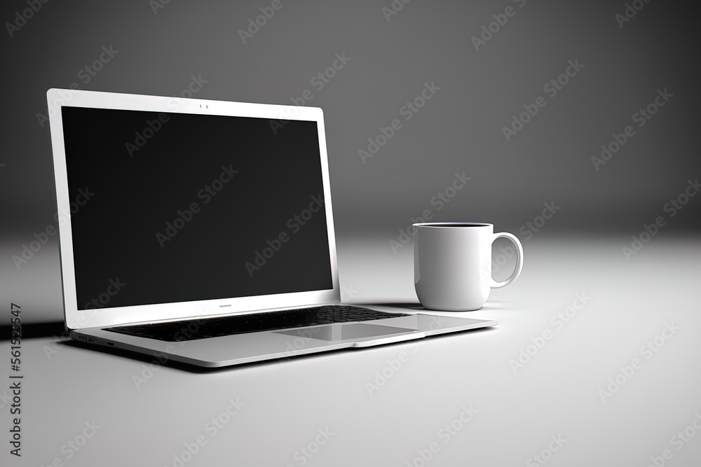 Poster Blank laptop screen, coffee cup, and desk. minimal desk design. Generative AI