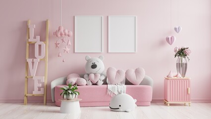 Mockup frame in the valentine's day with white sofa on pink color wall.