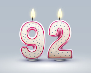 Happy Birthday years. 92 anniversary of the birthday, Candle in the form of numbers. Vector