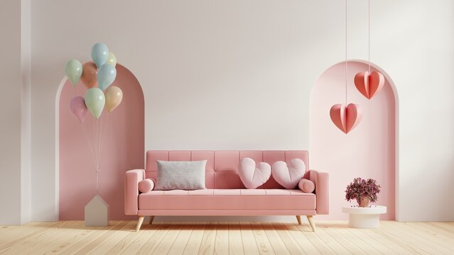Pink sofa and home decor for valentine's day.