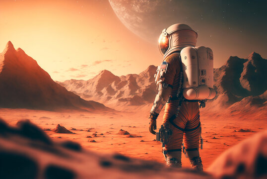Astronaut in spacesuit on Mars, alone man walking on red planet, generative AI