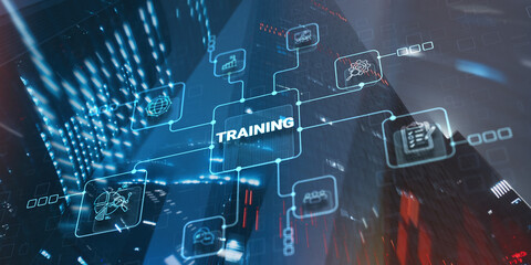 Business Training banner on city background. Training for learn skill productivity concept