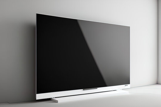 A white LED TV with a blank screen is mounted on the wall at home. TV prototype. Copy area for movie, software, and commercial presentations. TV screen is blank and ready for your creativity. modern i